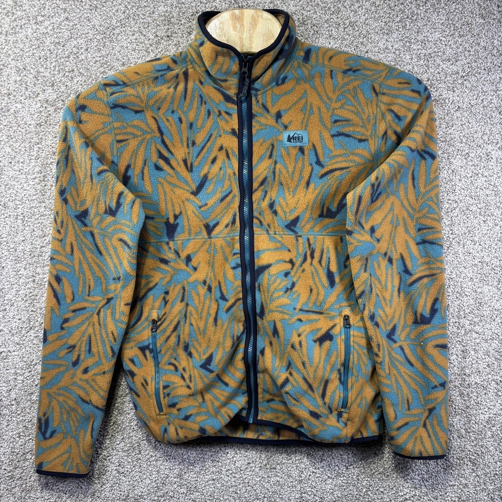 REI Co-op Mens Small Fleece Jacket Full Zip Tropical Leaf Print Gold Blue
